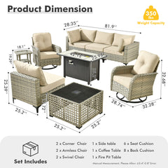 Outdoor Conversation Set with Fire Pit, 9 Pieces, Beige Cushions