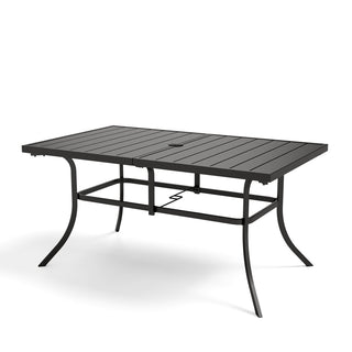 Outdoor Dining Table, Black Steel with Slatted Top and Umbrella Hole