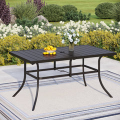 Outdoor Dining Table, Black Steel with Slatted Top and Umbrella Hole