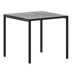 Outdoor Dining Table with Umbrella Hole, Gray Wash Top and Black Steel Frame