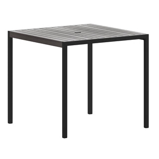 Outdoor Dining Table with Umbrella Hole, Gray Wash Top and Black Steel Frame