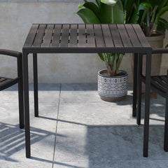 Outdoor Dining Table with Umbrella Hole, Gray Wash Top and Black Steel Frame