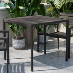 Outdoor Dining Table with Umbrella Hole, Gray Wash Top and Black Steel Frame