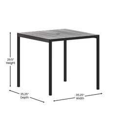 Outdoor Dining Table with Umbrella Hole, Gray Wash Top and Black Steel Frame