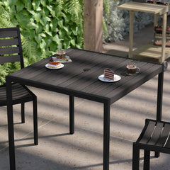 Outdoor Dining Table with Umbrella Hole, Gray Wash Top and Black Steel Frame