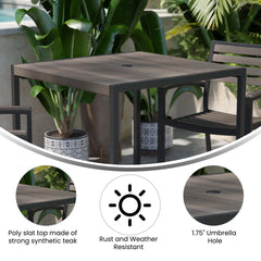 Outdoor Dining Table with Umbrella Hole, Gray Wash Top and Black Steel Frame