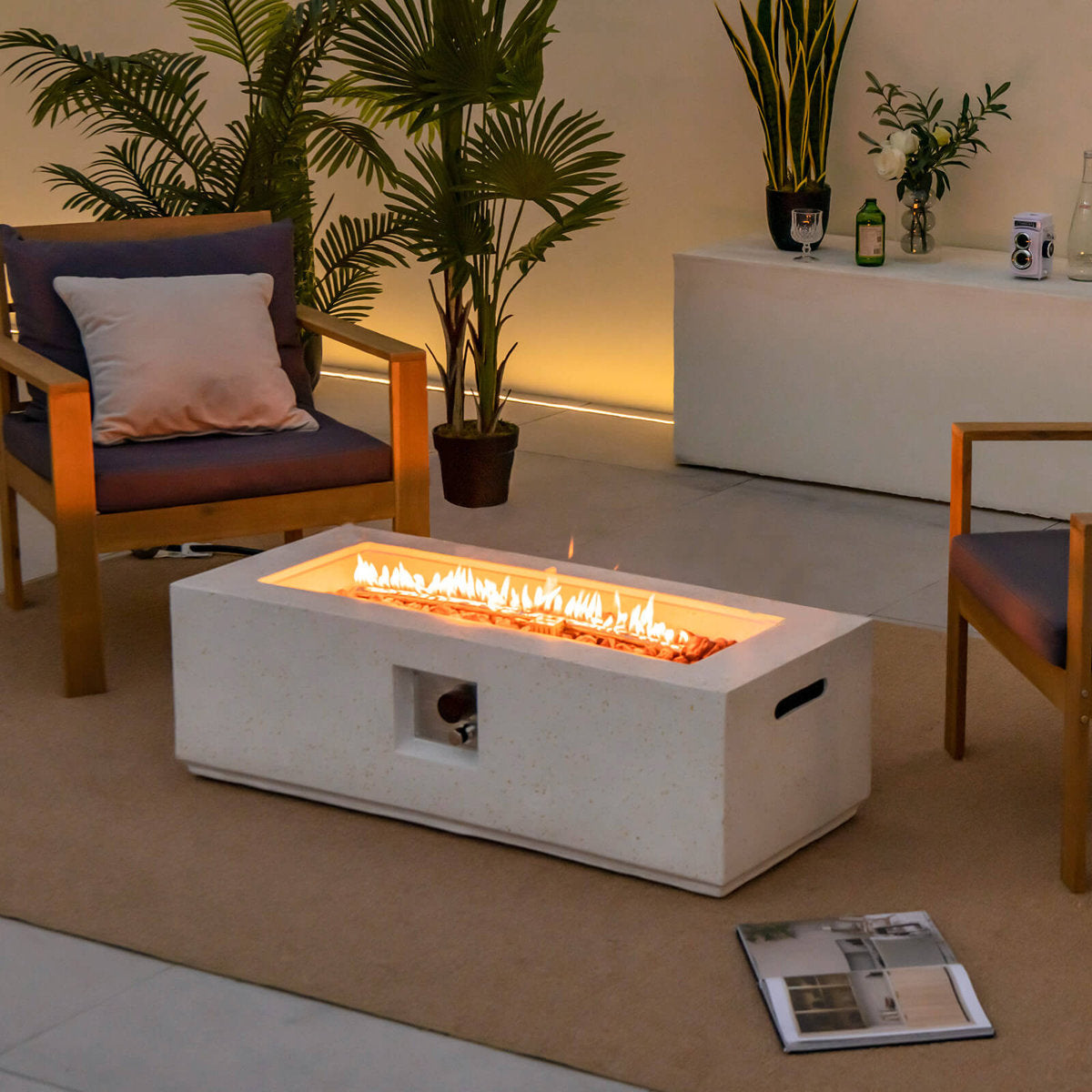Outdoor Fire Pit Table, 42 Inch Rectangle in White Terrazzo and Metal