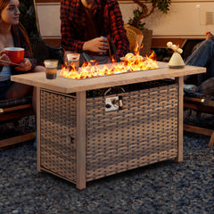 Outdoor Fire Pit Table, 50,000 BTU, Brown Hand-Woven Rattan and Iron