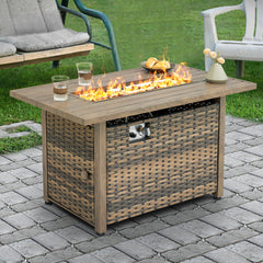 Outdoor Fire Pit Table, 50,000 BTU, Brown Hand-Woven Rattan and Iron