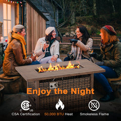 Outdoor Fire Pit Table, 50,000 BTU, Brown Hand-Woven Rattan and Iron