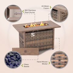 Outdoor Fire Pit Table, 50,000 BTU, Brown Hand-Woven Rattan and Iron