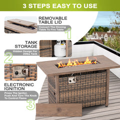 Outdoor Fire Pit Table, 50,000 BTU, Brown Hand-Woven Rattan and Iron