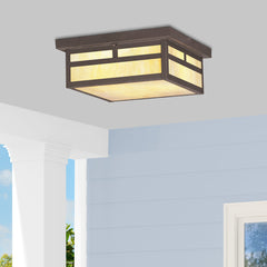 Outdoor Flush Mount Ceiling Light, 13 In, Bronze with Glass Shade