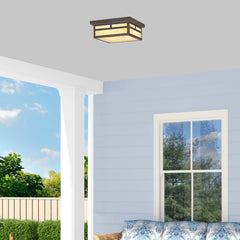 Outdoor Flush Mount Ceiling Light, 13 In, Bronze with Glass Shade