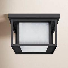 Outdoor Flush Mount Ceiling Light in Black Aluminum with Frosted Glass Shade
