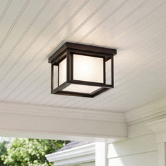 Outdoor Flush Mount Ceiling Light in Black Aluminum with Frosted Glass Shade
