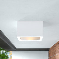 Outdoor Flush Mount, Integrated LED with Satin White Metal Cube