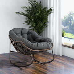 Outdoor Rattan Rocking Chair with Steel Frame and Gray Cushion