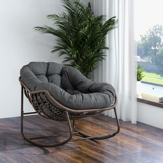 Outdoor Rattan Rocking Chair with Steel Frame and Gray Cushion