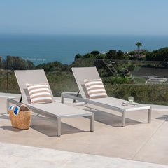 Outdoor Reclining Chaise Lounge, White Aluminum Frame with White Cushion