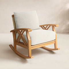 Outdoor Rocking Chair in Solid Teak with Tan Cushion