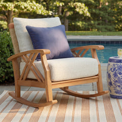 Outdoor Rocking Chair in Solid Teak with Tan Cushion