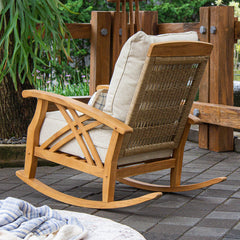 Outdoor Rocking Chair in Solid Teak with Tan Cushion