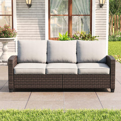 Outdoor Sofa, 3-Seat, Brown Rattan with Sand Cushions