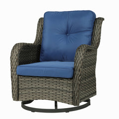 Outdoor Swivel Chair with Metal Frame, Gray Brown Wicker and Navy Cushions