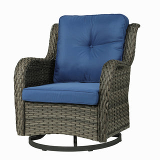 Outdoor Swivel Chair with Metal Frame, Gray Brown Wicker and Navy Cushions