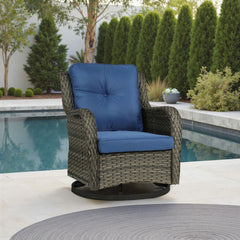 Outdoor Swivel Chair with Metal Frame, Gray Brown Wicker and Navy Cushions