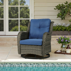 Outdoor Swivel Chair with Metal Frame, Gray Brown Wicker and Navy Cushions