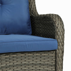 Outdoor Swivel Chair with Metal Frame, Gray Brown Wicker and Navy Cushions
