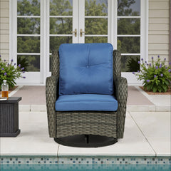 Outdoor Swivel Chair with Metal Frame, Gray Brown Wicker and Navy Cushions