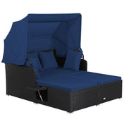 Outdoor Wicker Daybed with Canopy, Black Steel Frame with Navy Cushions