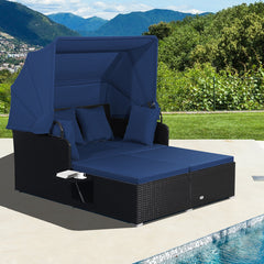 Outdoor Wicker Daybed with Canopy, Black Steel Frame with Navy Cushions