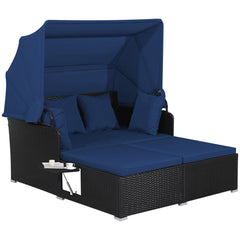 Outdoor Wicker Daybed with Canopy, Black Steel Frame with Navy Cushions