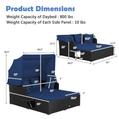 Outdoor Wicker Daybed with Canopy, Black Steel Frame with Navy Cushions