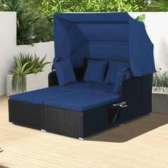 Outdoor Wicker Daybed with Canopy, Black Steel Frame with Navy Cushions