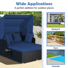 Outdoor Wicker Daybed with Canopy, Black Steel Frame with Navy Cushions
