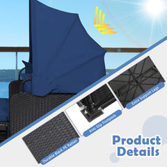 Outdoor Wicker Daybed with Canopy, Black Steel Frame with Navy Cushions