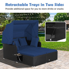 Outdoor Wicker Daybed with Canopy, Black Steel Frame with Navy Cushions