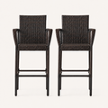 Front | front studio view of two dark brown woven wicker bar stools on a warm white background