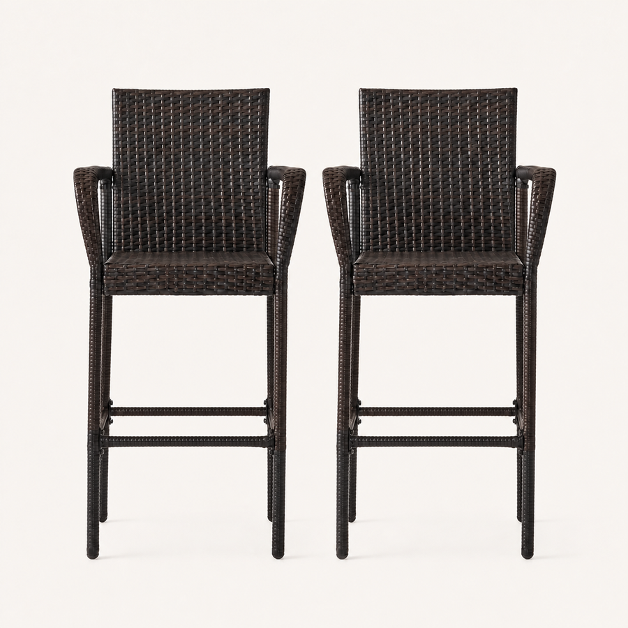 Front | front studio view of two dark brown woven wicker bar stools on a warm white background