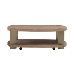 Oval Cocktail Table, Wood and Metal with Casters, Beige Top and Brown Base
