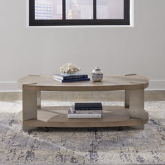 Oval Cocktail Table, Wood and Metal with Casters, Beige Top and Brown Base