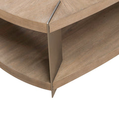 Oval Cocktail Table, Wood and Metal with Casters, Beige Top and Brown Base