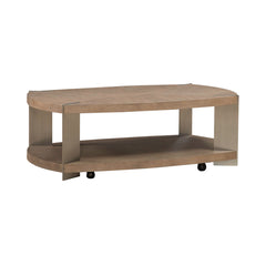Oval Cocktail Table, Wood and Metal with Casters, Beige Top and Brown Base