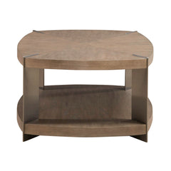 Oval Cocktail Table, Wood and Metal with Casters, Beige Top and Brown Base