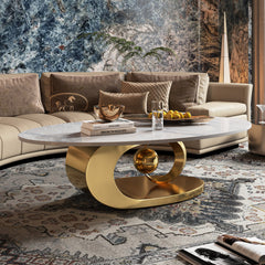 Oval Coffee Table, Faux Marble Top, Gold Stainless Steel Base